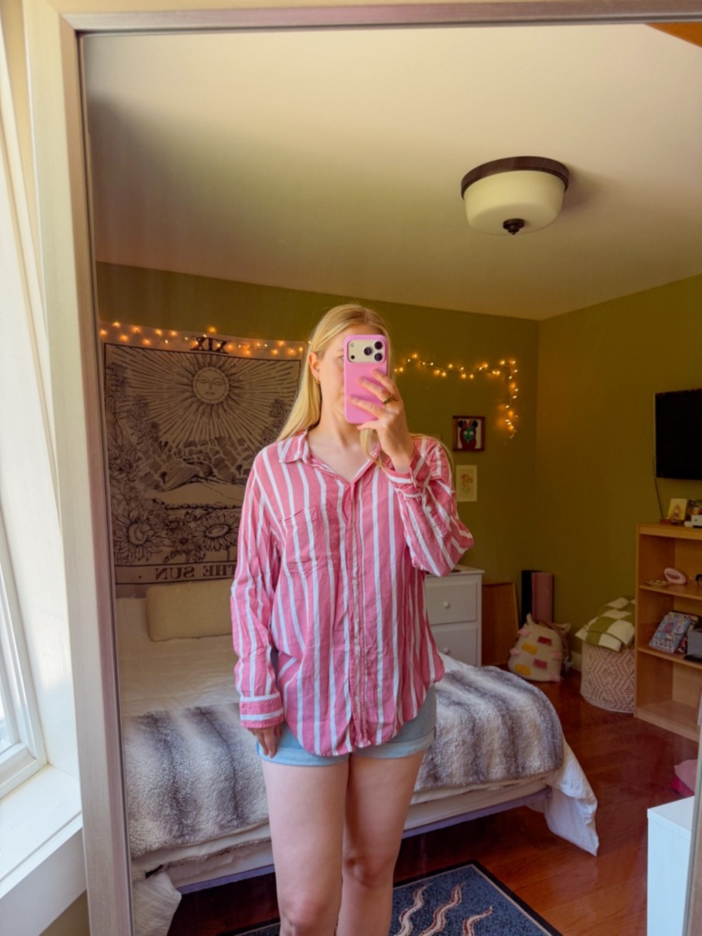 AE American Eagle Oversized Striped Button Up Shirt Pink Size L